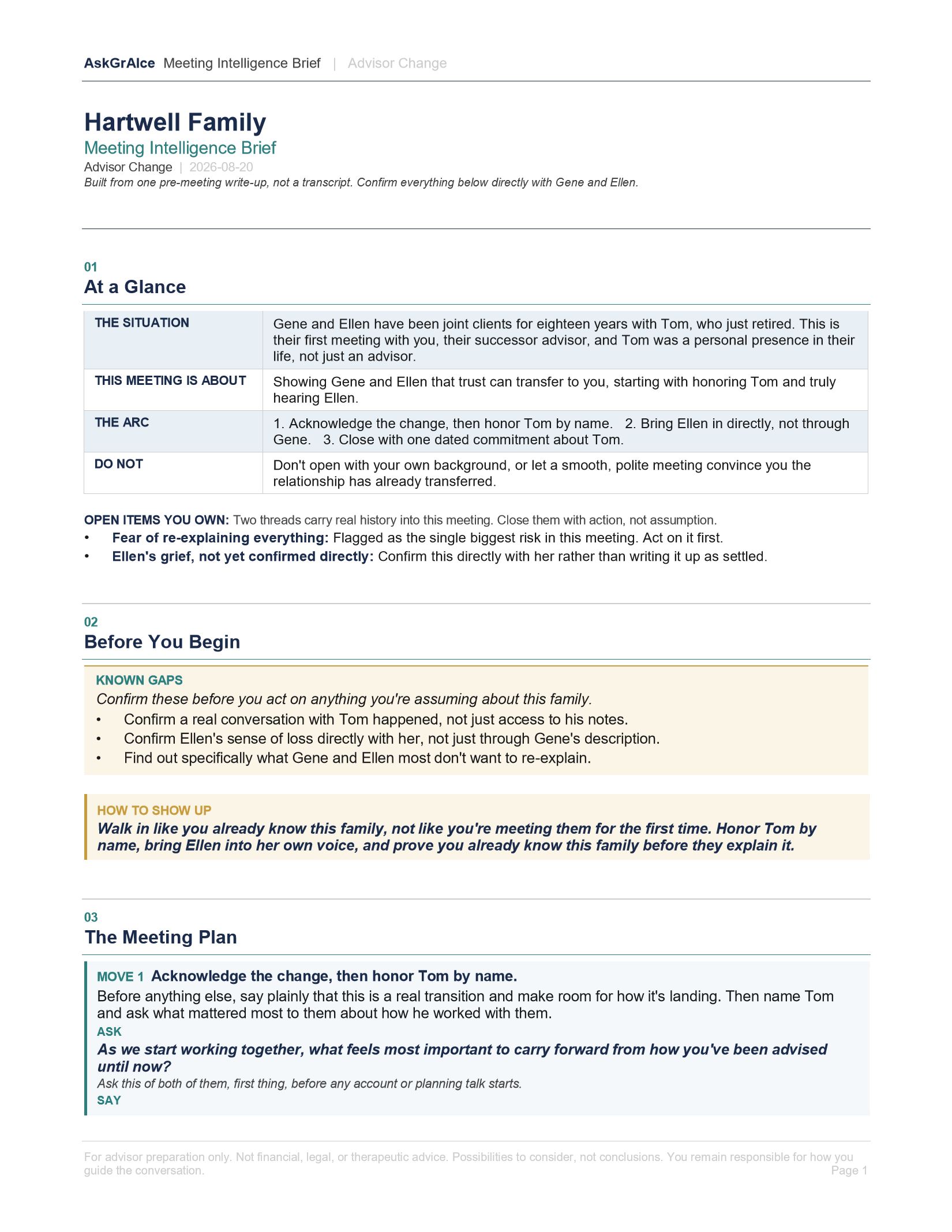 Meeting Intelligence Brief, page 1: at a glance, before you begin, the meeting plan