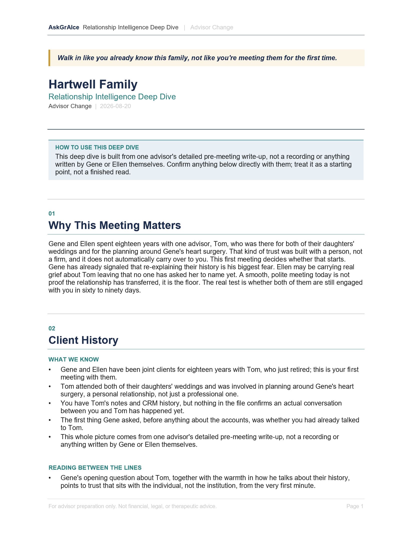 Deep Dive, page 1: why this meeting matters, client history