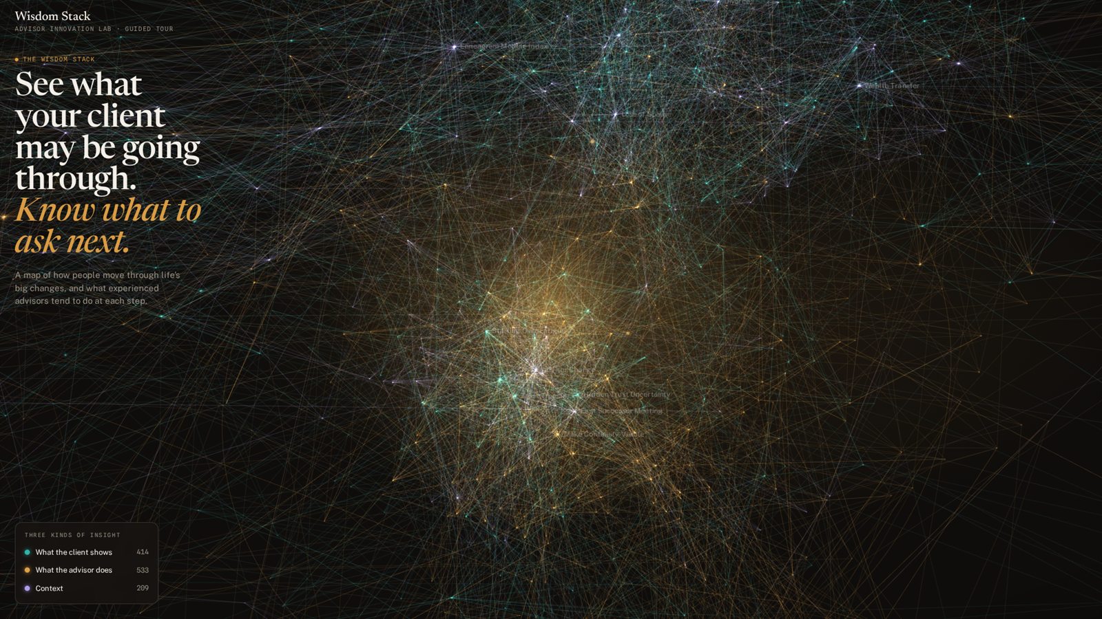 A still from the Wisdom Stack guided tour: a night sky of a client's signals in three colours, with the threads between them lit